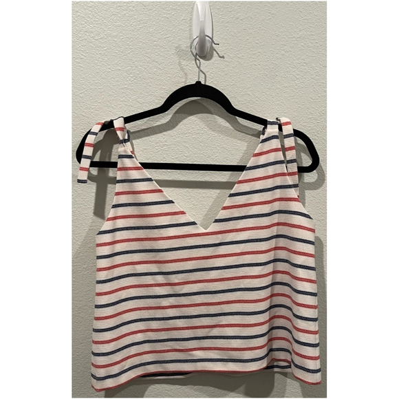ZARA V-Neck Striped Red Blue Antique White Tie Blouse - Picture 4 of 4